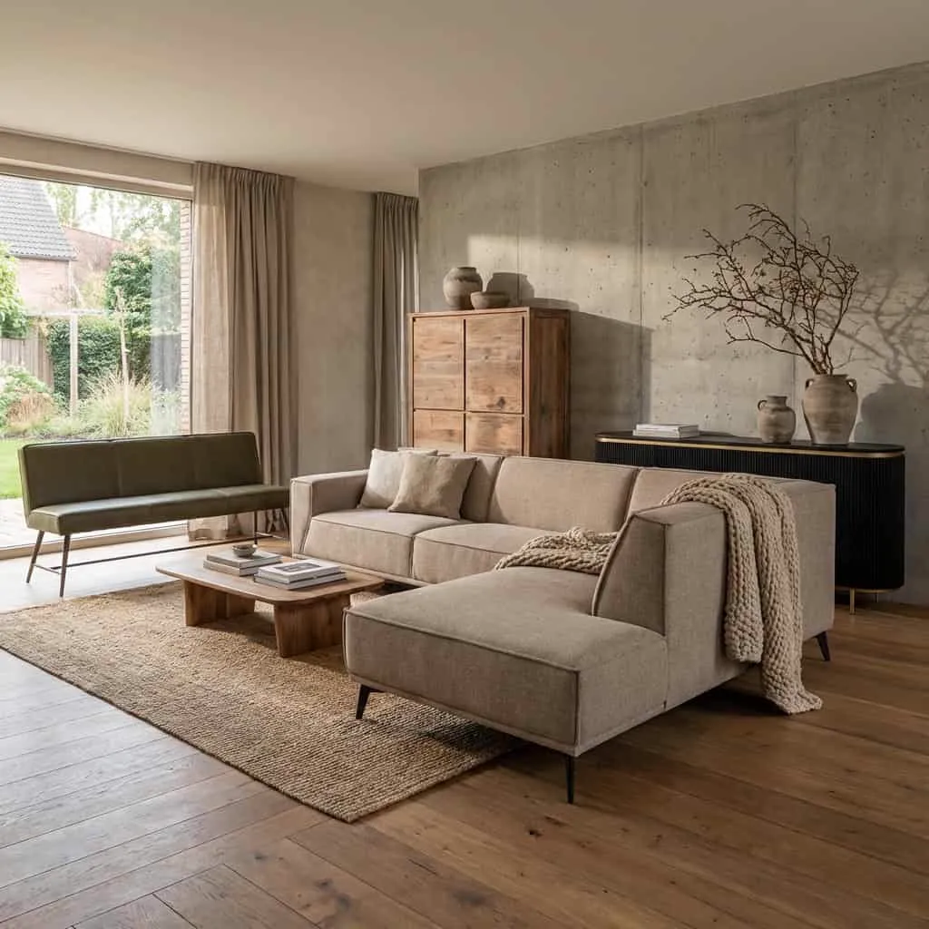 De Leeds 2 5-AL + Ottoman R - City 453 Moss Grey bank in een sfeervolle woonkamer met houten vloer - Tower Living