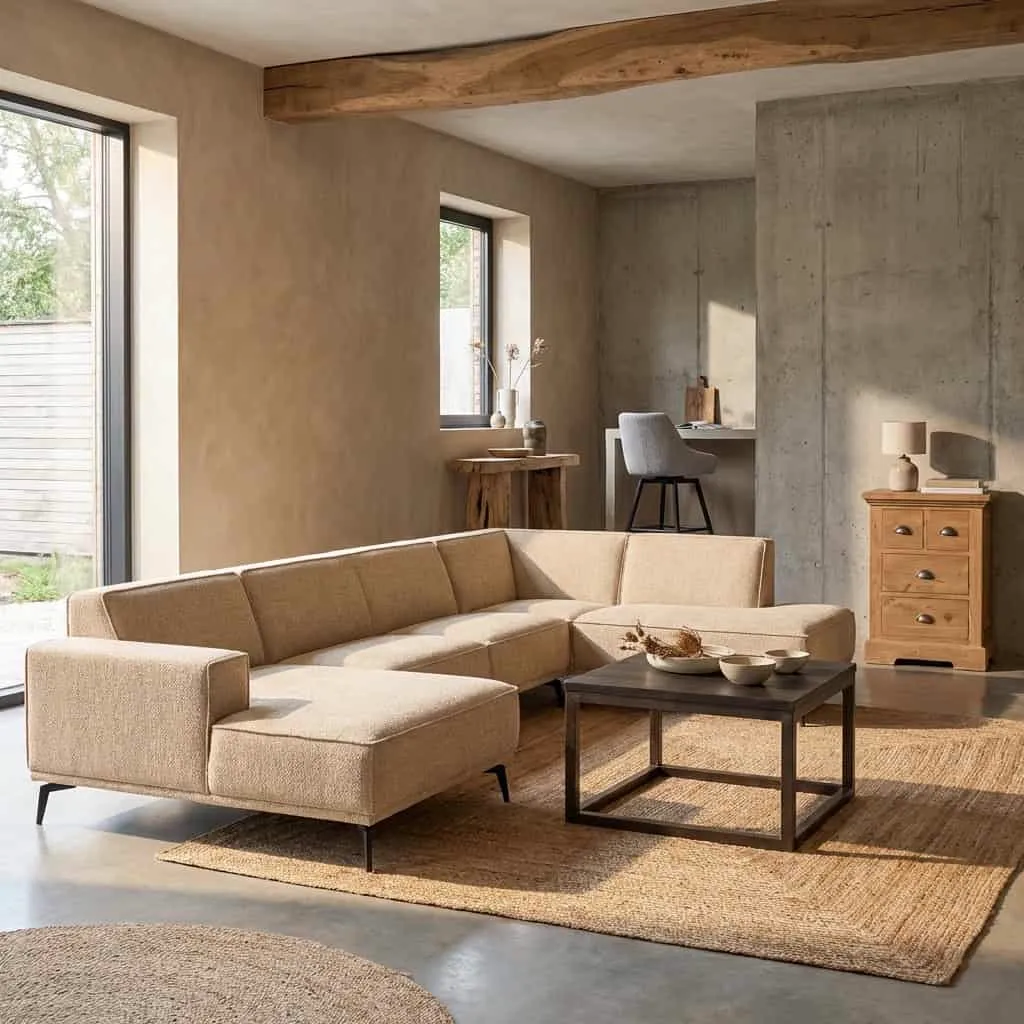 Leeds Chaise L - 2 5 - Ottoman R - City 120 Beige bankstel in een moderne woonkamer met houten balk - Tower Living