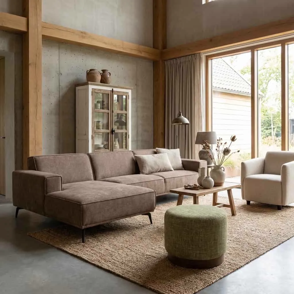 De Leeds Chaise L - 2 5 - Ottoman R - City 453 Moss Grey bank staat in een sfeervolle woonkamer met houten balken - Tower Living