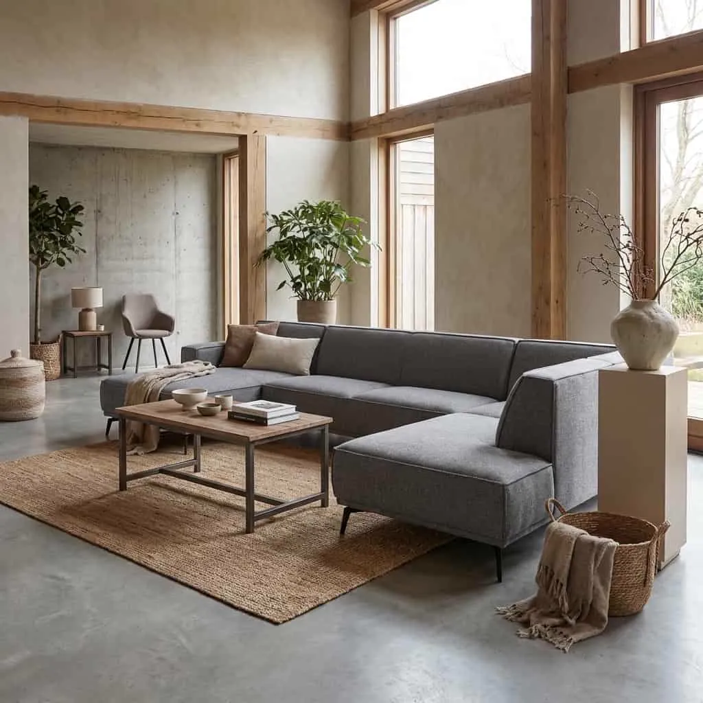 Leeds Chaise L - 2 5 - Ottoman R - City 464 Black Blue bankstel in een ruime, lichte woonkamer met houten balken - Tower Living