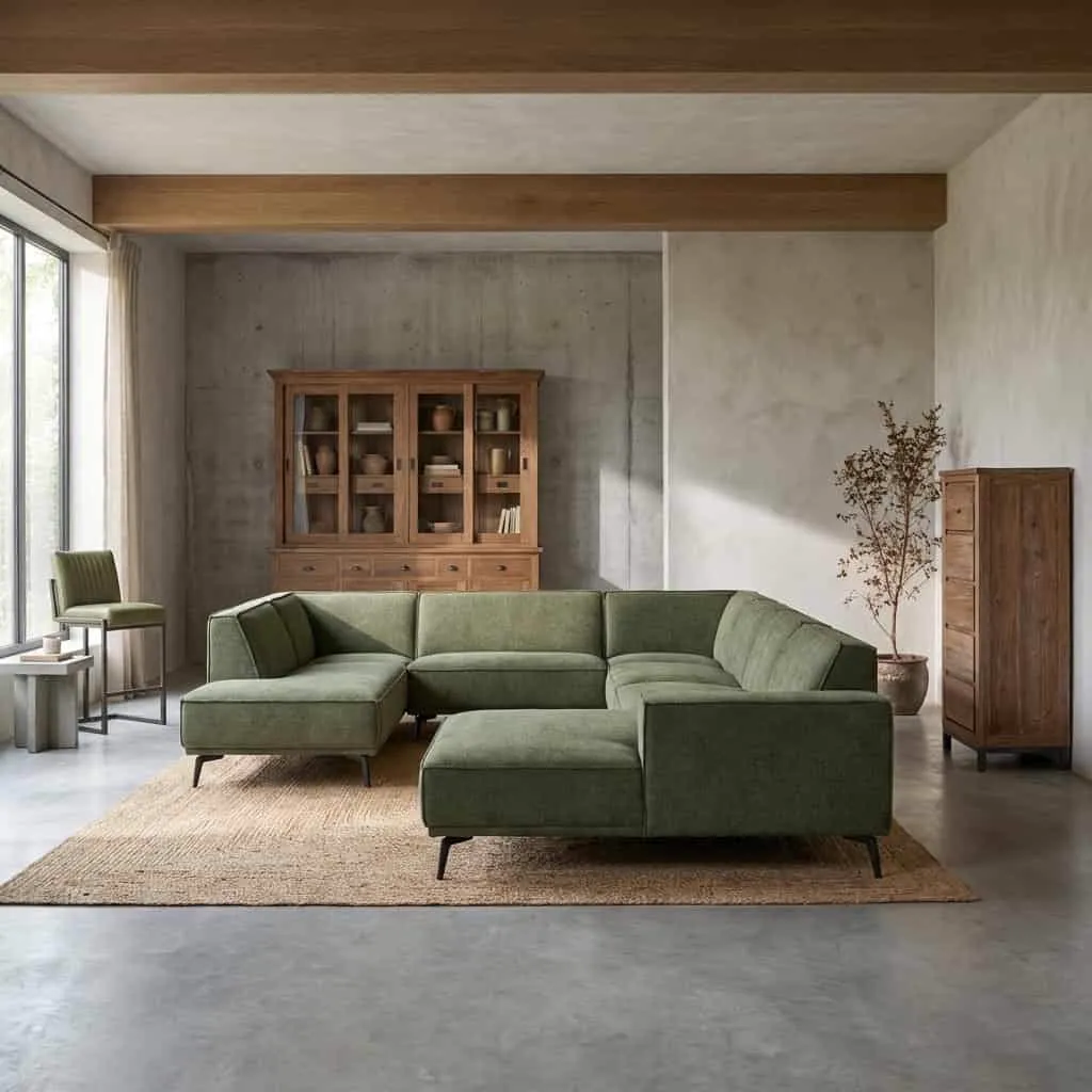 Leeds Chaise R - 2 5 - Ottoman L - City 355 Bottle Green bankstel in een ruime woonkamer met houten meubels - Tower Living