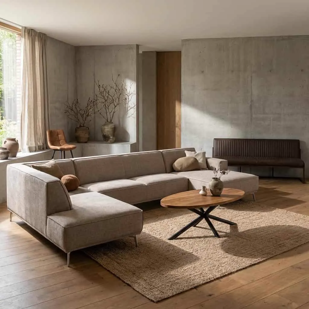 De Leeds Chaise R - 2 5 - Ottoman L - City 453 Moss Grey bank in een moderne woonkamer met houten vloer en vloerkleed - Tower Living