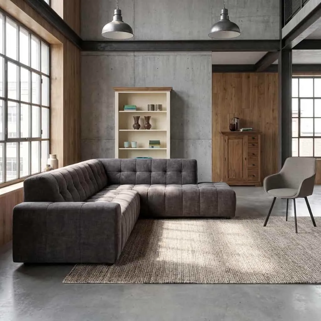 De Memphis 3-AL + Ottoman R - Haga 16 charcoal bank in een industriële woonkamer met hoog plafond en grote ramen - Tower Living