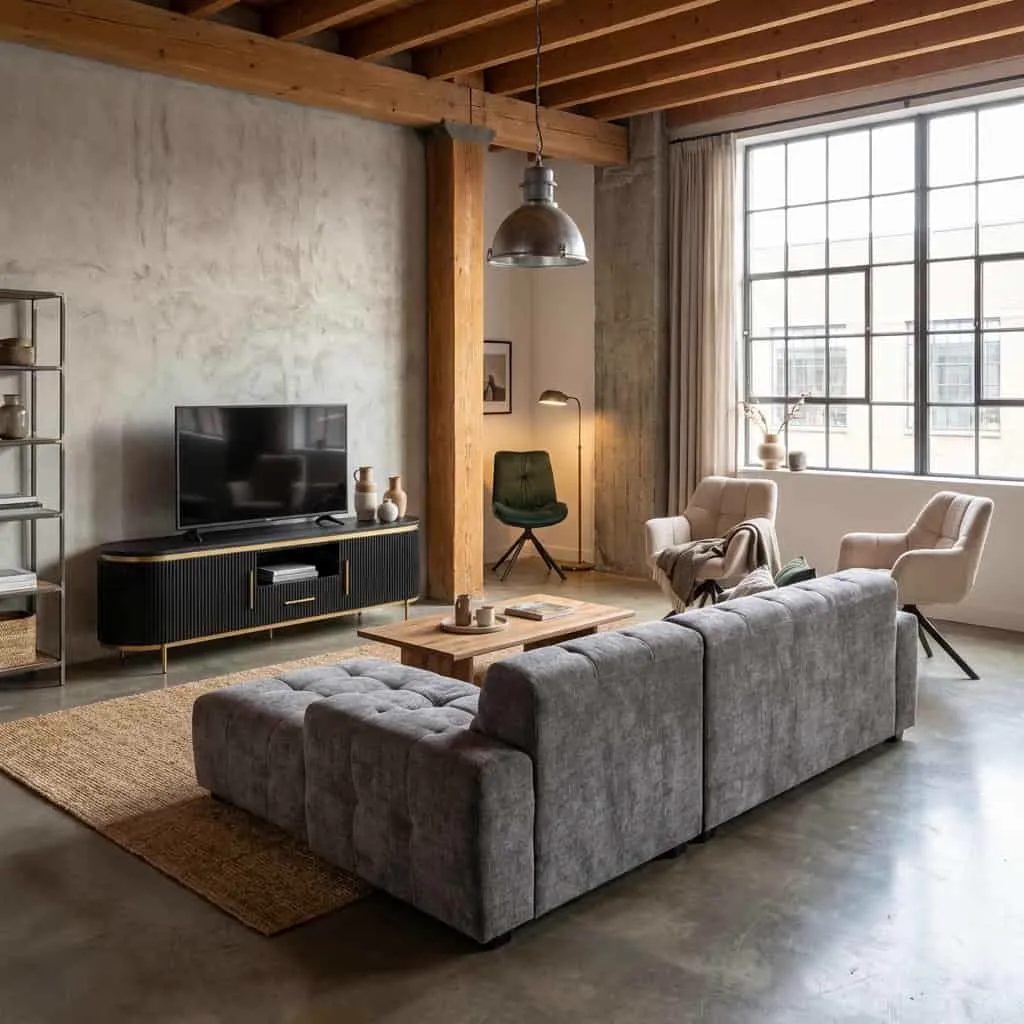 De Memphis 3-AR + Ottoman L - Haga 16 charcoal bank in een industriële woonkamer met houten balken en grote ramen - Tower Living