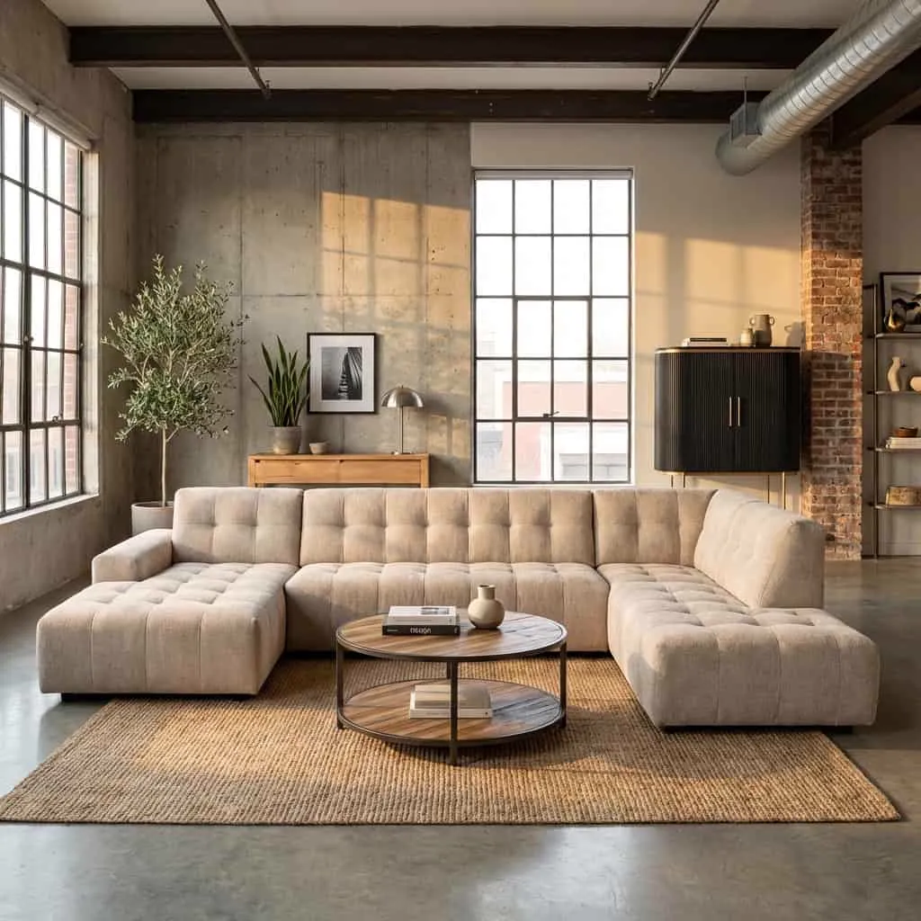 De Memphis Chaise L - 3-seater - Ottoman R - Haga 30 beige in een industriële woonkamer met veel lichtinval - Tower Living