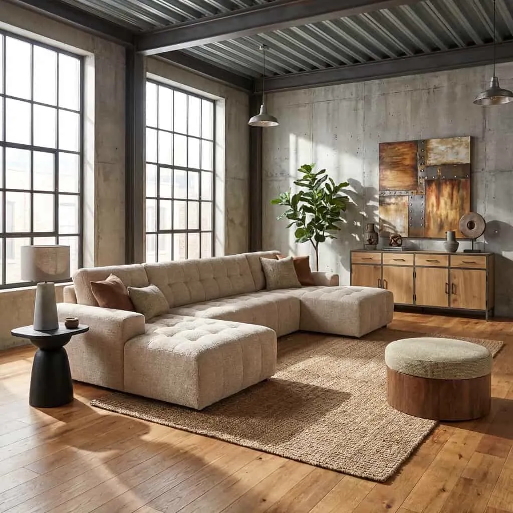 De Memphis Chaise R - 3-seater - Ottoman L - Haga 30 beige bank in een industriële woonkamer met houten vloer - Tower Living