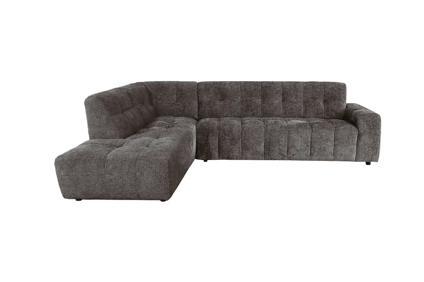 De Memphis 3-AR + Ottoman L - Haga 16 charcoal bank, een hoekbank met chaise longue op een zwarte achtergrond - Tower Living