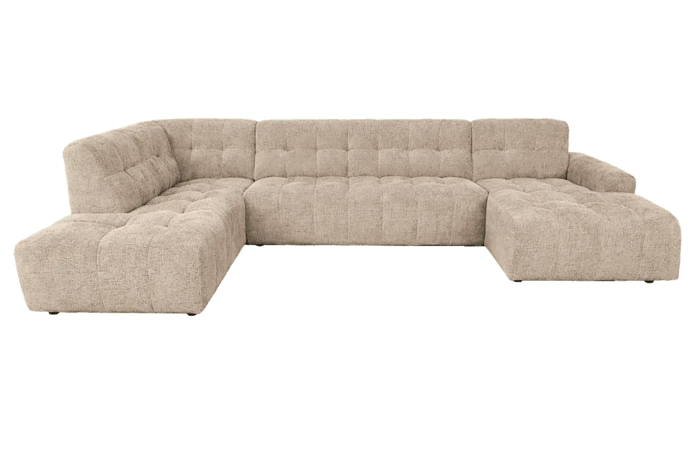 Memphis Chaise R - 3-seater - Ottoman L - Haga 30 beige bankstel op een witte achtergrond, van voren gefotografeerd - Tower Living