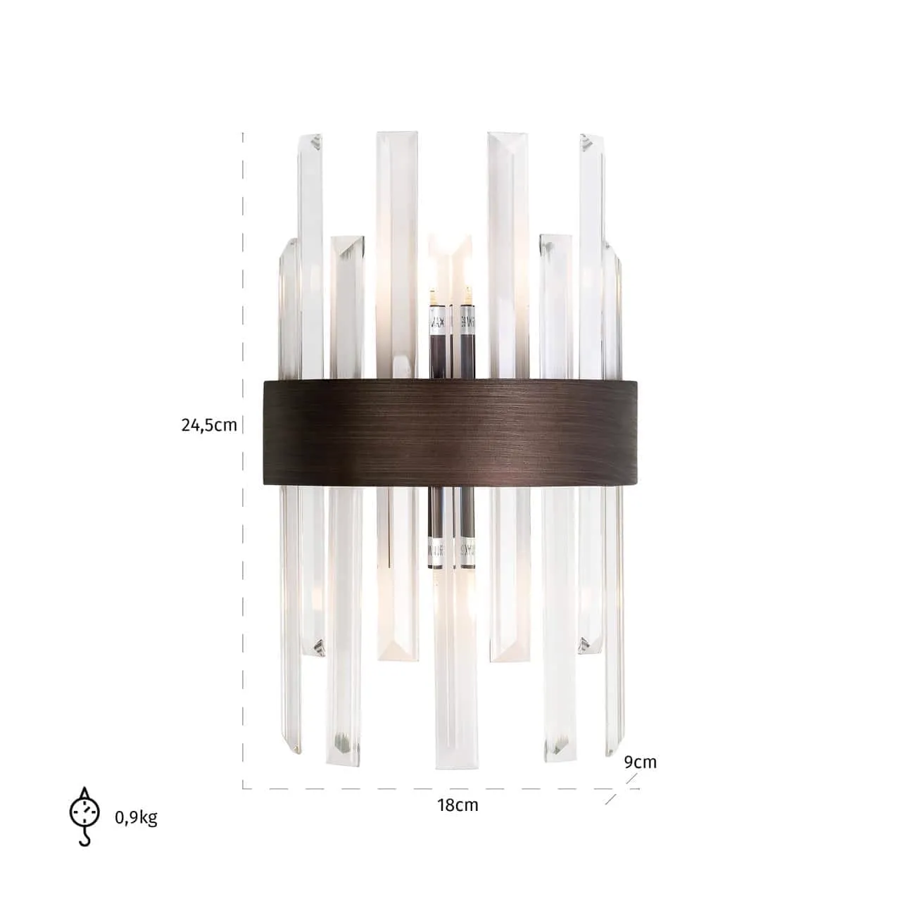 Wandlamp Avan bronze op een witte achtergrond met de afmetingen 24,5cm hoog, 18cm breed en 9cm diep - Richmond Interiors