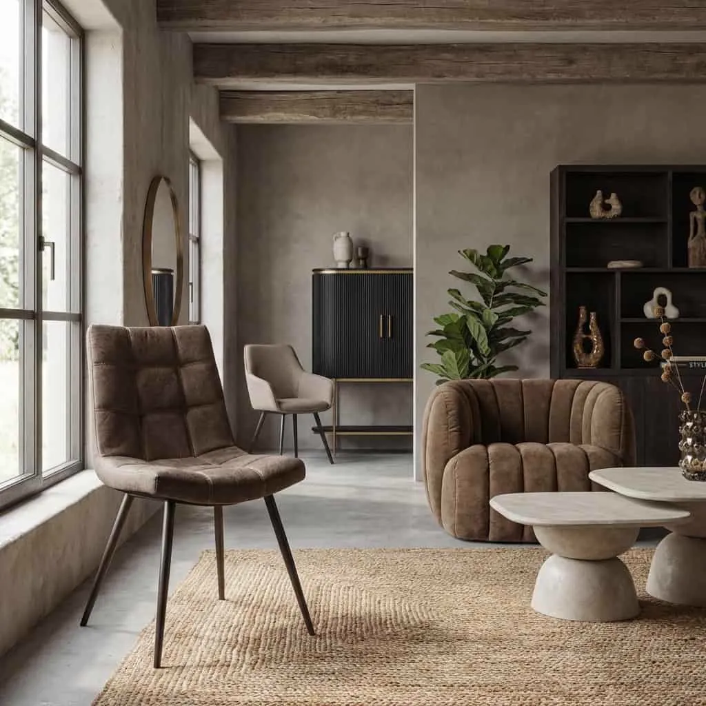 De Navarra stoel in antraciet stof staat in een sfeervolle woonkamer met een jute vloerkleed - Tower Living