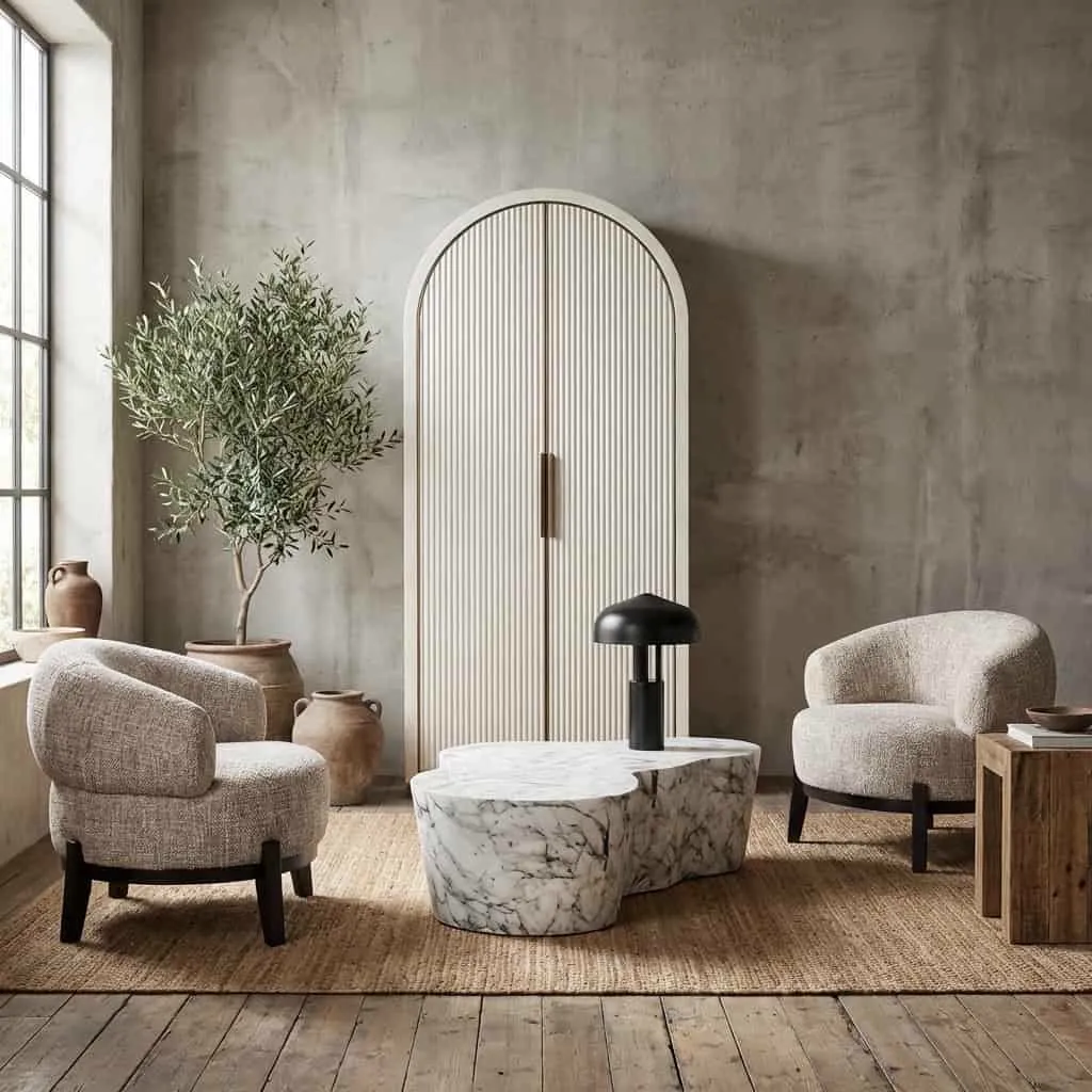 Aufbewahrungsschrank Tivoli white in einem Wohnzimmer mit zwei Sesseln, einem Couchtisch und einem Olivenbaum - Richmond Interiors