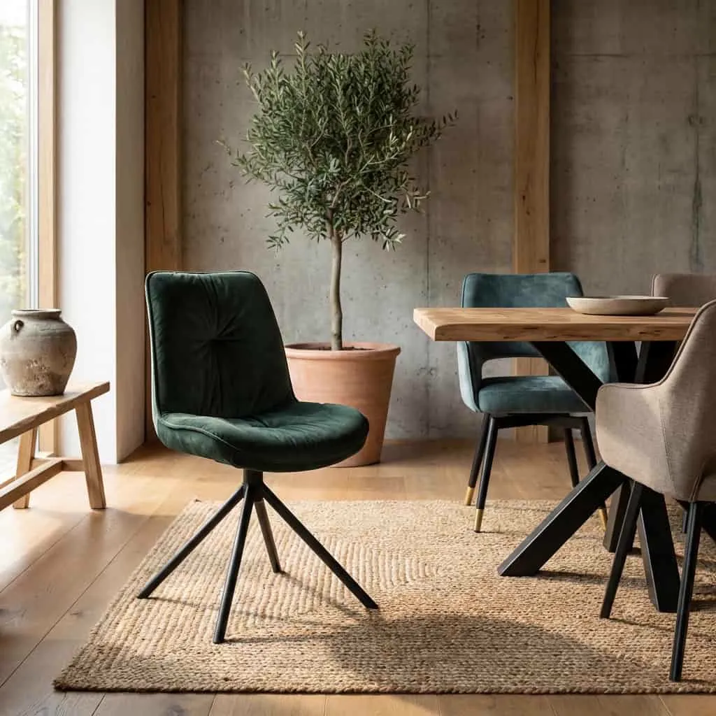 De Palma Stoel - fabric Bluvel 78 green staat op een jute vloerkleed in een sfeervolle eetkamer - Tower Living