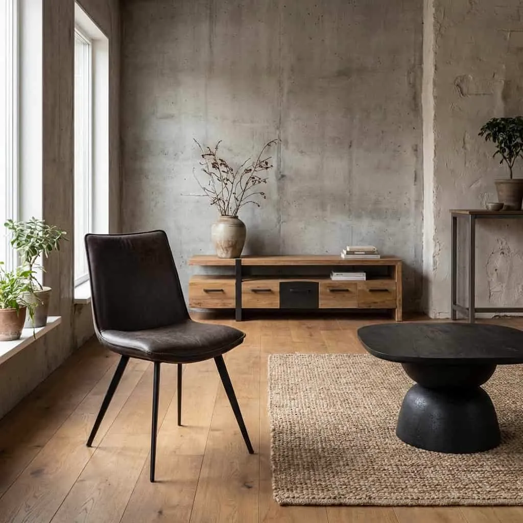 De Pamplona Stoel - fabric Antracite staat in een woonkamer met betonnen muren en een houten vloer - Tower Living