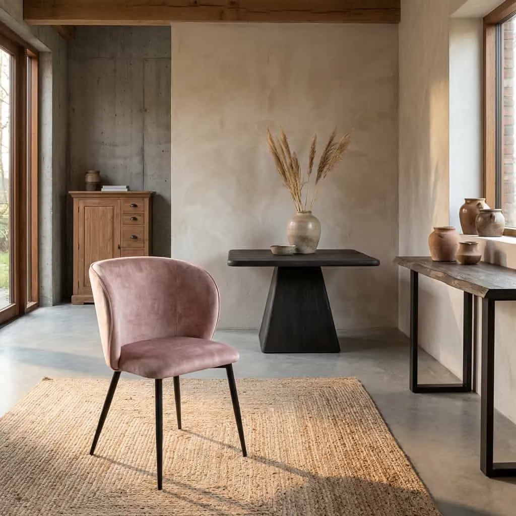 De Perano Stoel - fabric Adore 12 Sand staat op een vloerkleed in een modern interieur met houten en betonnen elementen - Tower Living