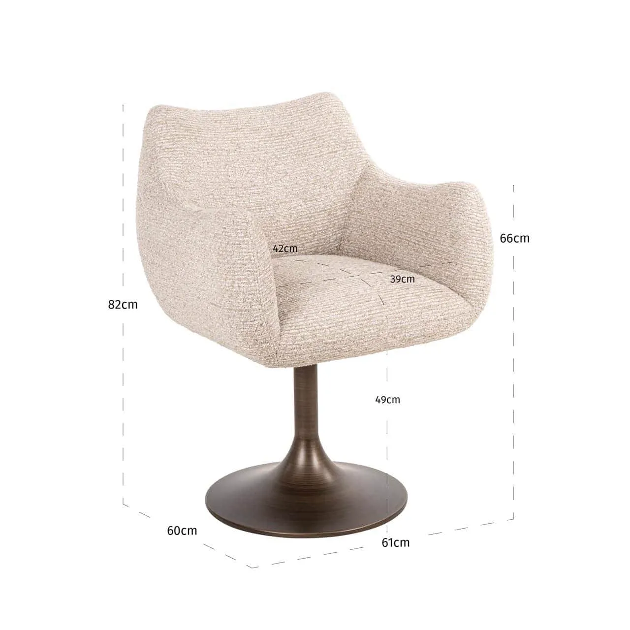 Eetkamerstoel Aldo natural linear swivel op een witte achtergrond, met de afmetingen van de stoel weergegeven - Richmond Interiors