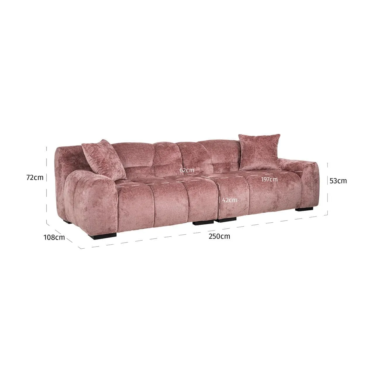 Sofa Charelle rose chenille von vorne auf weißem Hintergrund mit Maßen - Richmond Interiors