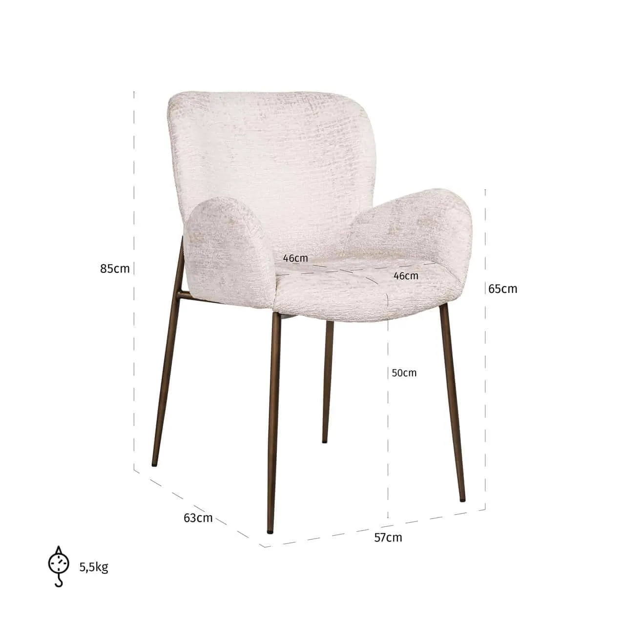 Eetkamerstoel Amber cream fusion fire retardant op een witte achtergrond met afmetingen - Richmond Interiors