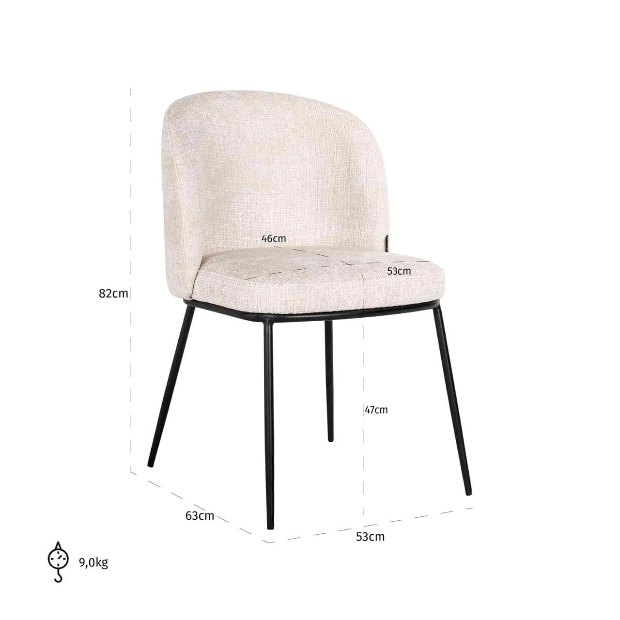 Esszimmerstuhl Elvi Niagara Beige Brandverzögernd (2er Set) auf weißem Hintergrund, schräg von vorne fotografiert mit Maßen - Richmond Interiors