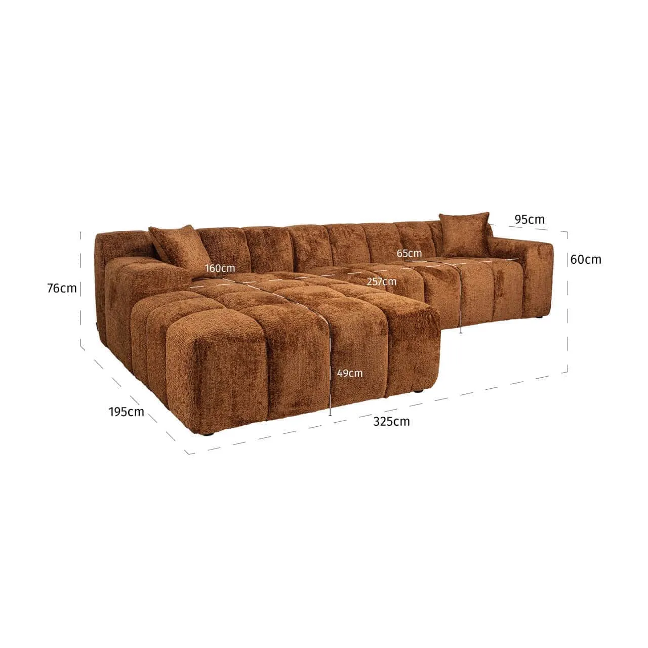 Sofa Cube lovely cinnamon 3-seater + lounge left auf weißem Hintergrund, mit den Maßen - Richmond Interiors