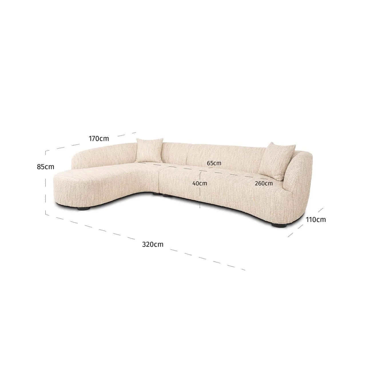 Sofa Pandora beige Angora Lounge Left auf weißem Hintergrund mit Maßen - Richmond Interiors
