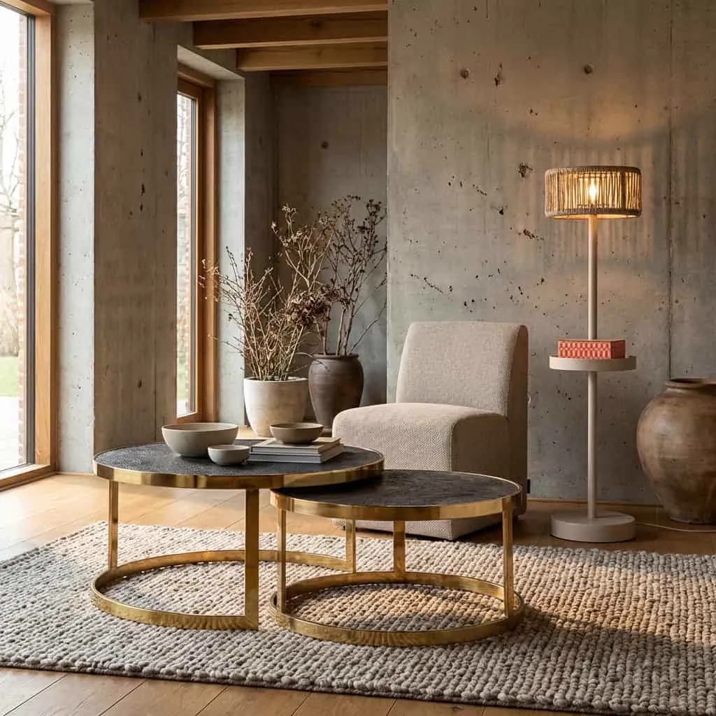 Der Couchtisch Blackbone Gold black rustic (2er-Set) in einem stimmungsvollen Wohnzimmer mit Sessel und Teppich - Richmond Interiors