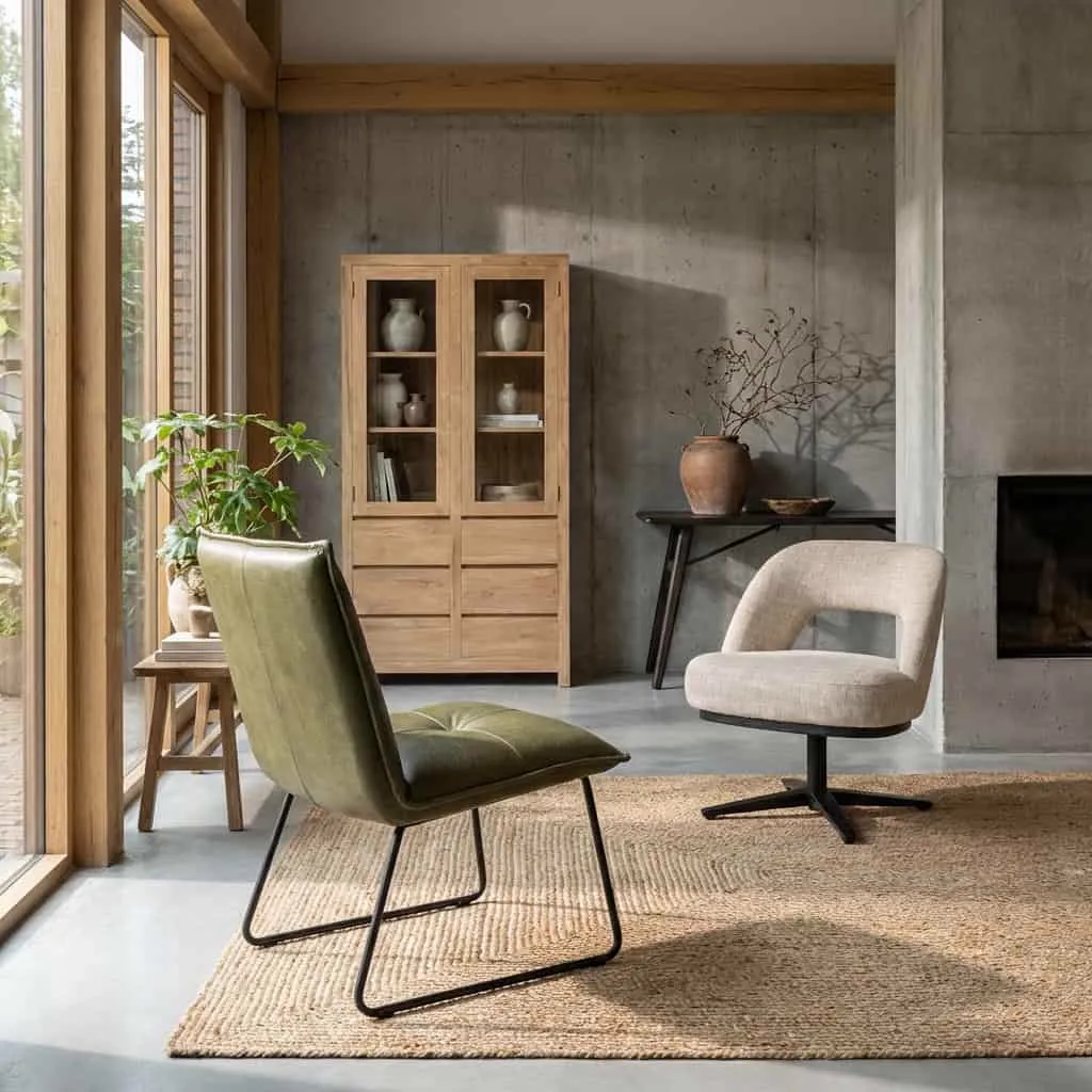 De Seda Stoel - fabric Cherokee 13 green staat in een moderne woonkamer met een houten kast en een jute vloerkleed - Tower Living