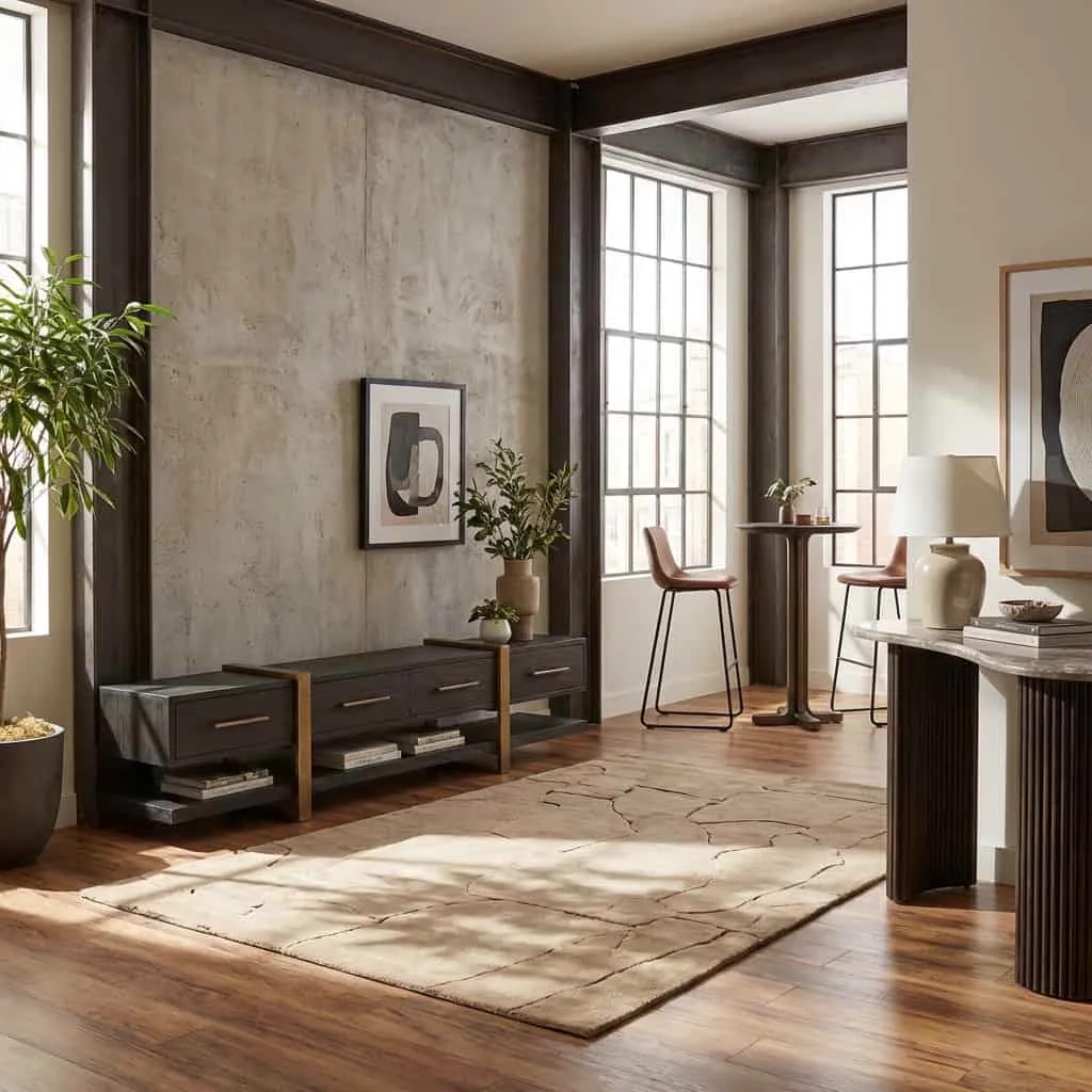 TV-Sideboard Cambon dark coffee in einem modernen Wohnzimmer mit abstraktem Gemälde und Pflanzen - Richmond Interiors