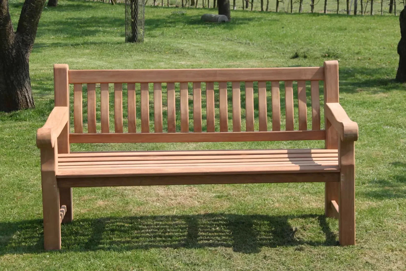 Gartenbank Patrick Fat 166 cm in einem grünen Garten mit Bäumen im Hintergrund - Livingfurn