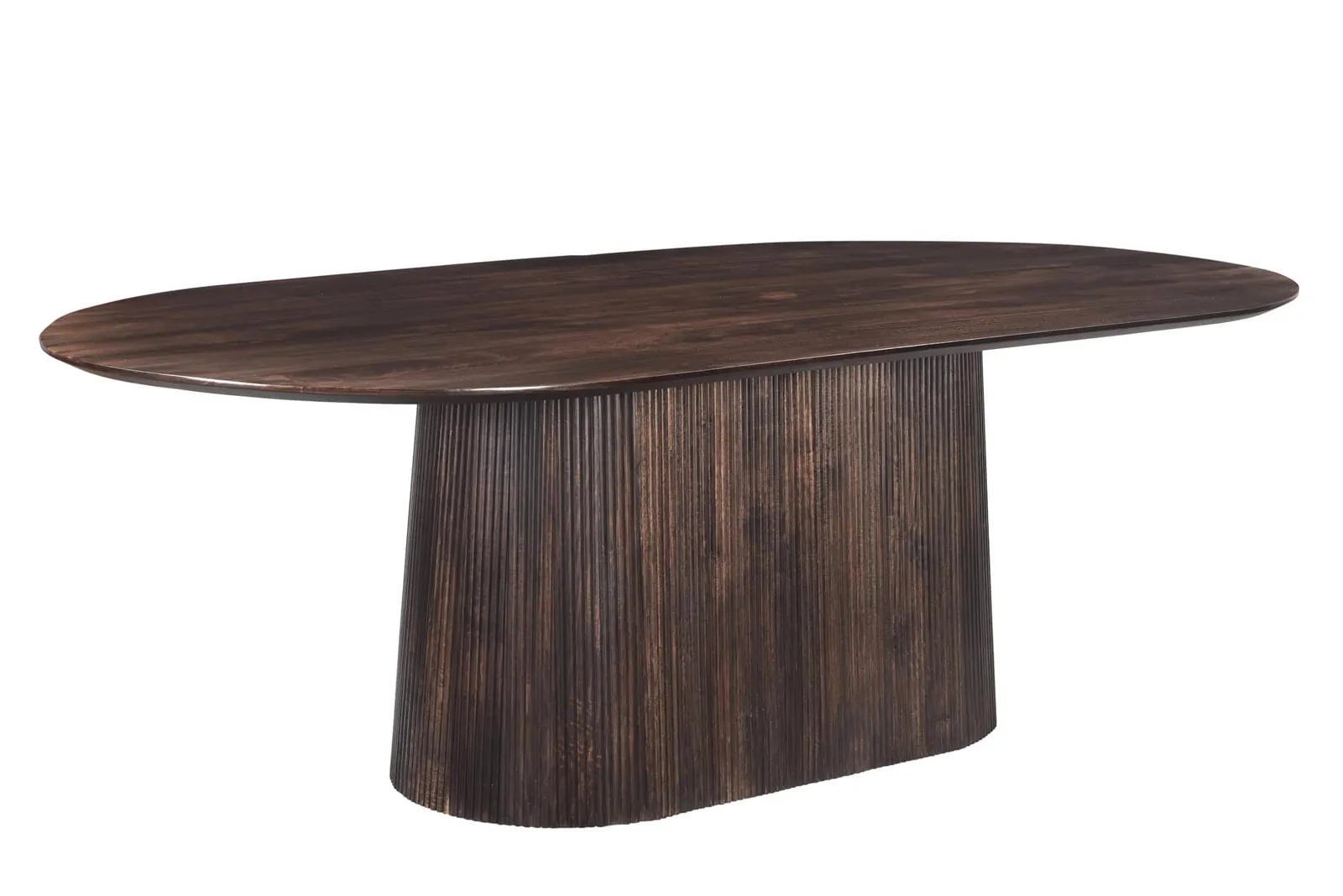 Esstisch Salvator Walnut 230cm auf weißem Hintergrund, mit einer ovalen Tischplatte und einem geriffelten Fuß - Livingfurn