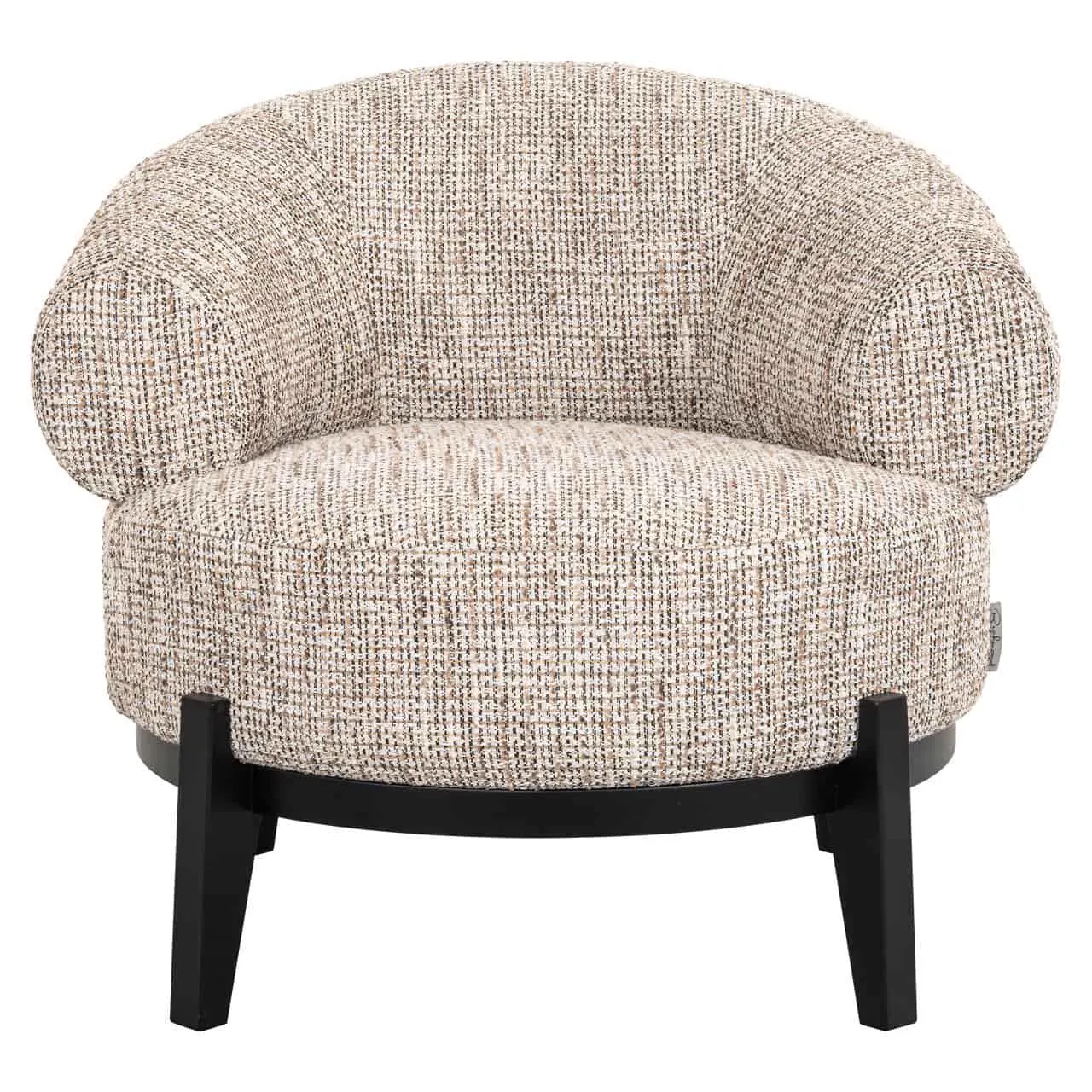Lounge stoel Montana trendy nature op een witte achtergrond, met een close-up van de geweven stof en zwarte poten - Richmond Interiors