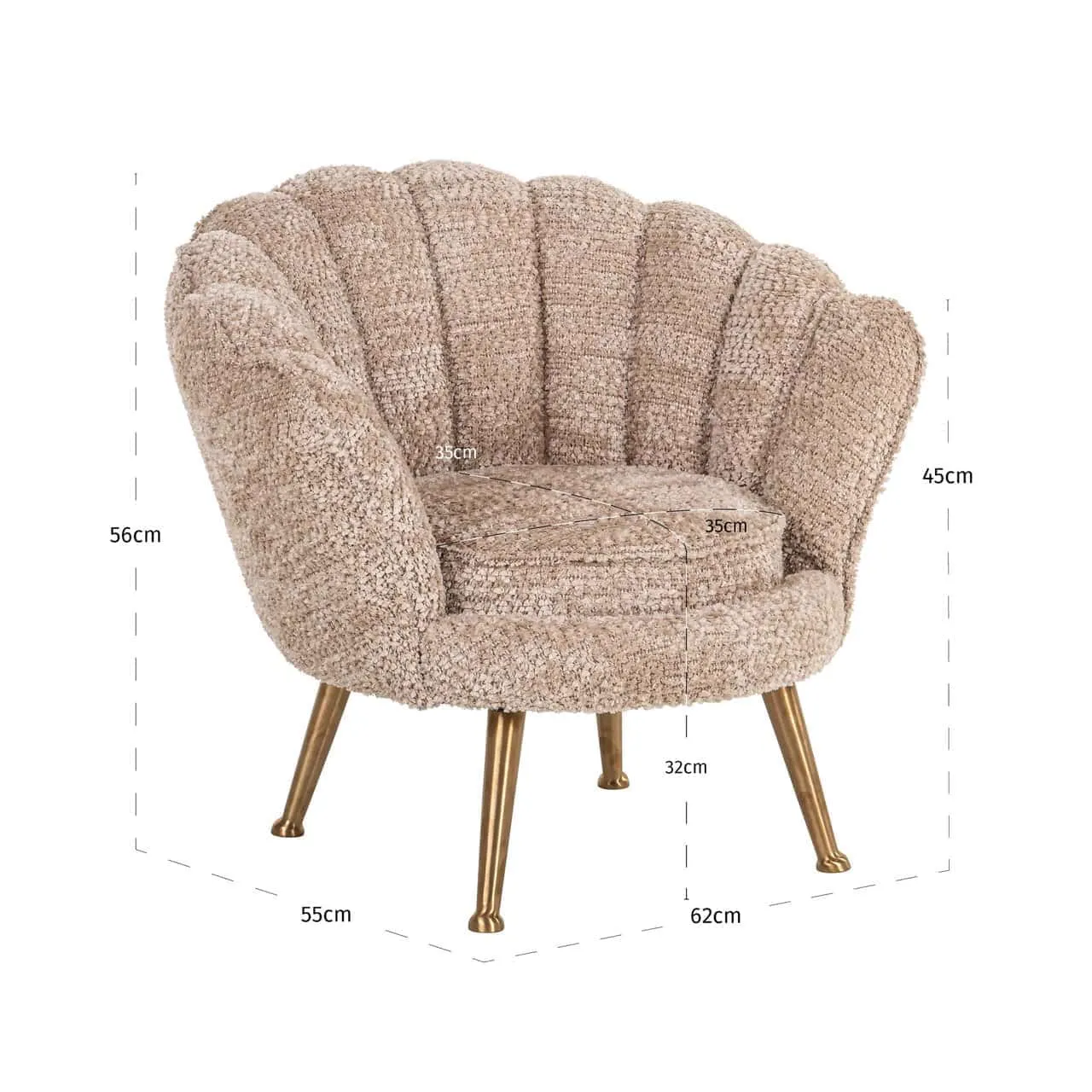 Lounge Sessel Charly lovely beige kids auf weißem Hintergrund mit angezeigten Maßen - Richmond Interiors