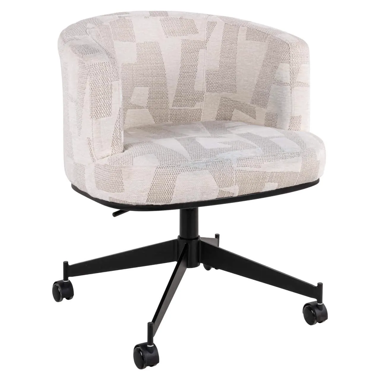 Eetkamerstoel Rochenne beige graffic swivel on wheels op een witte achtergrond, schuin van voren gefotografeerd - Richmond Interiors
