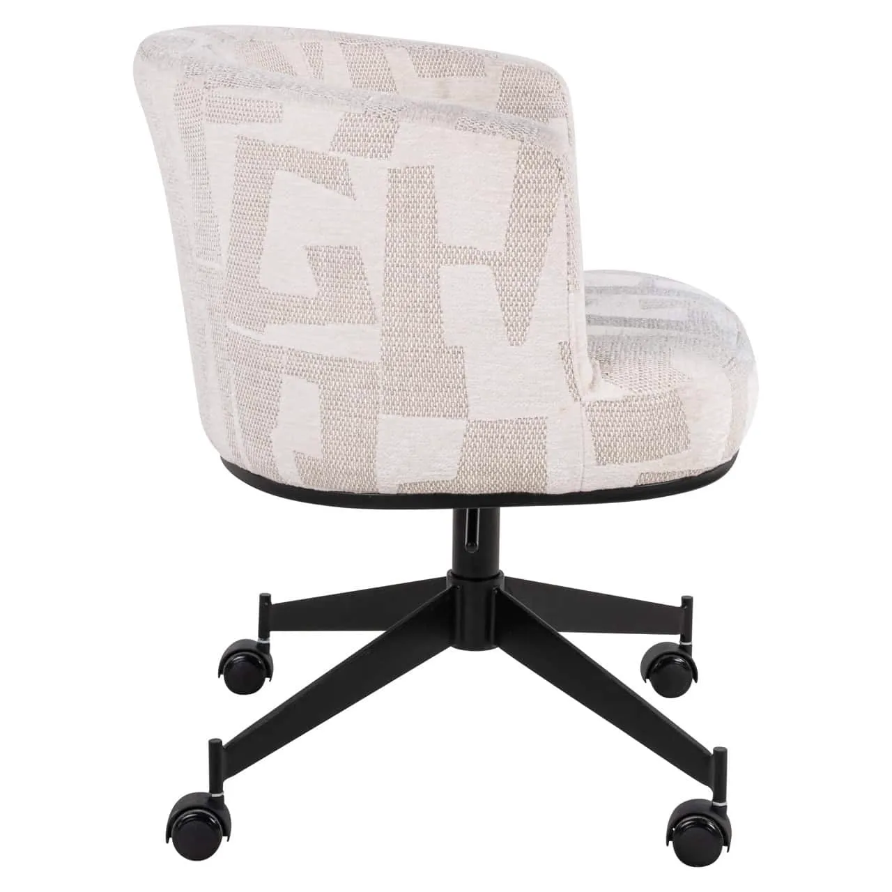 Eetkamerstoel Rochenne beige graffic swivel on wheels, schuin van achteren gefotografeerd op een witte achtergrond - Richmond Interiors