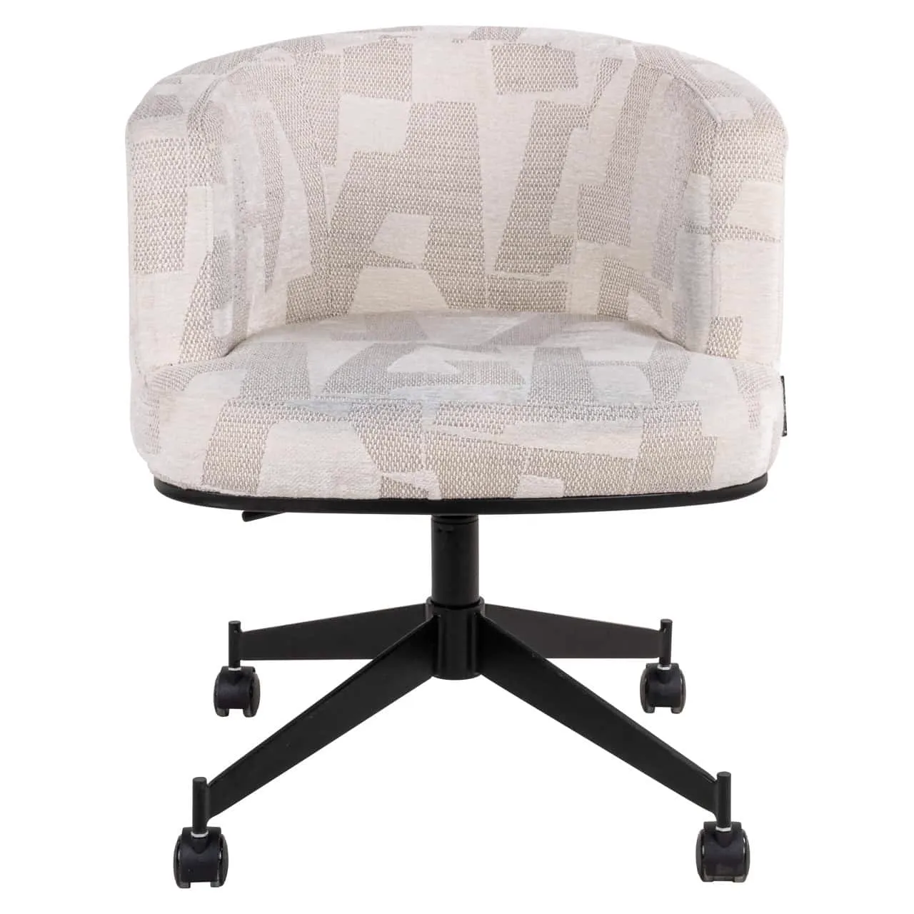 Eetkamerstoel Rochenne beige graffic swivel on wheels op witte achtergrond, frontaal van dichtbij gefotografeerd - Richmond Interiors
