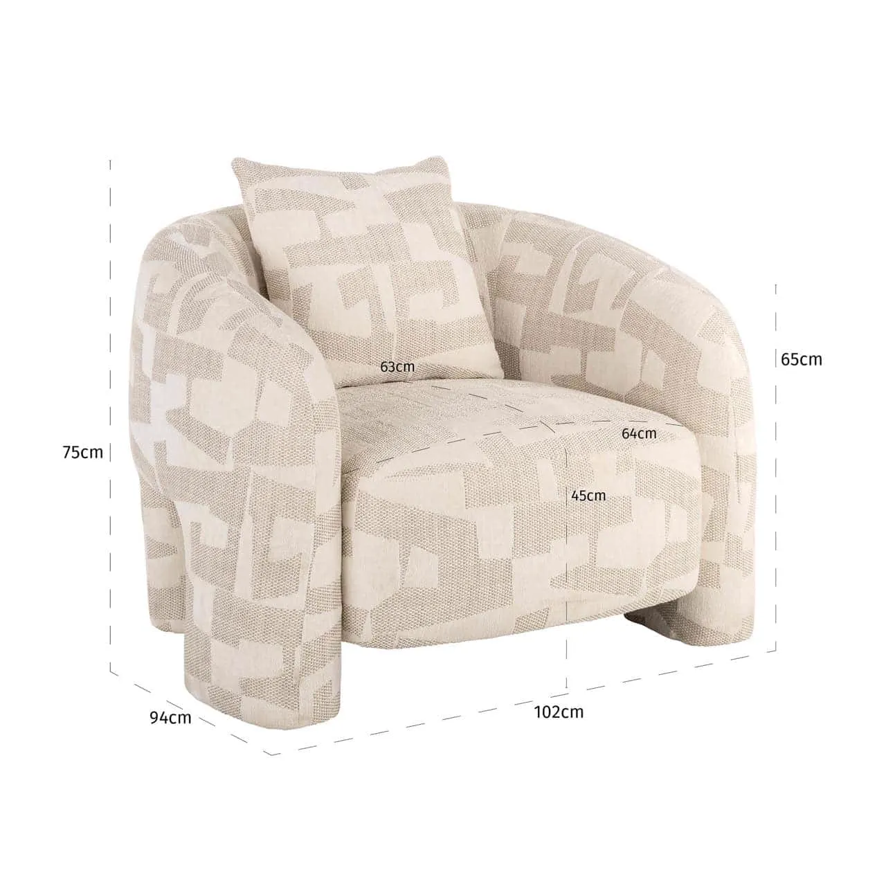 Lounge stoel Tuscany beige graffic met afmetingen op een witte achtergrond, schuin van voren gefotografeerd - Richmond Interiors