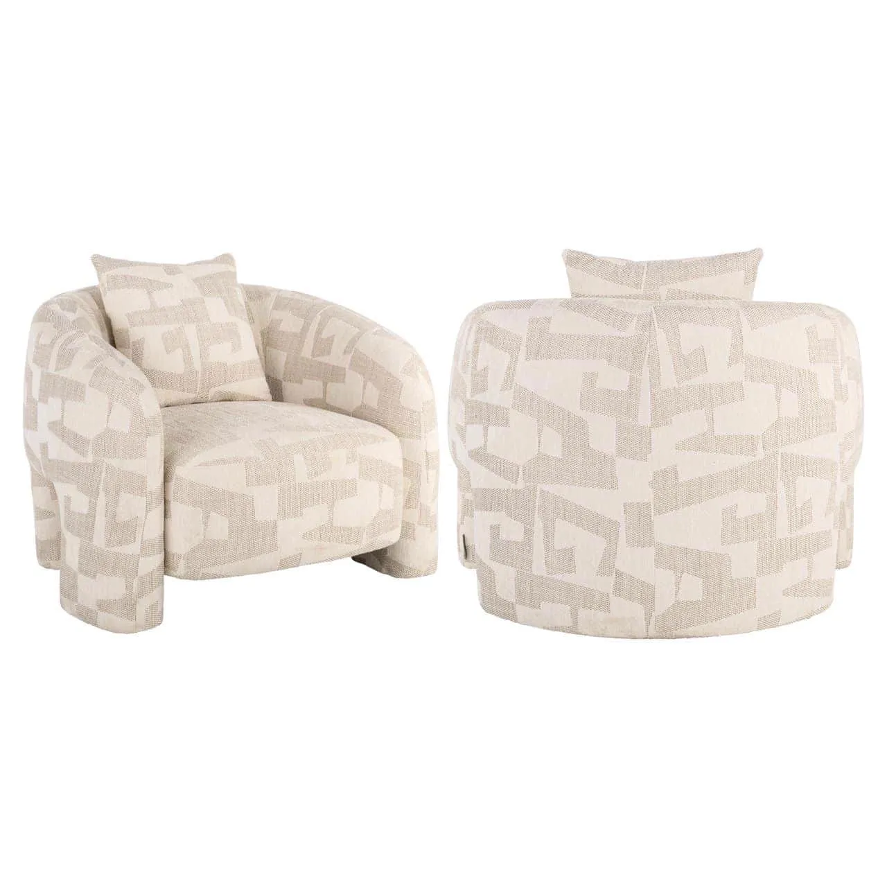 Lounge stoel Tuscany beige graffic, van voren en van achteren gefotografeerd op een witte achtergrond - Richmond Interiors