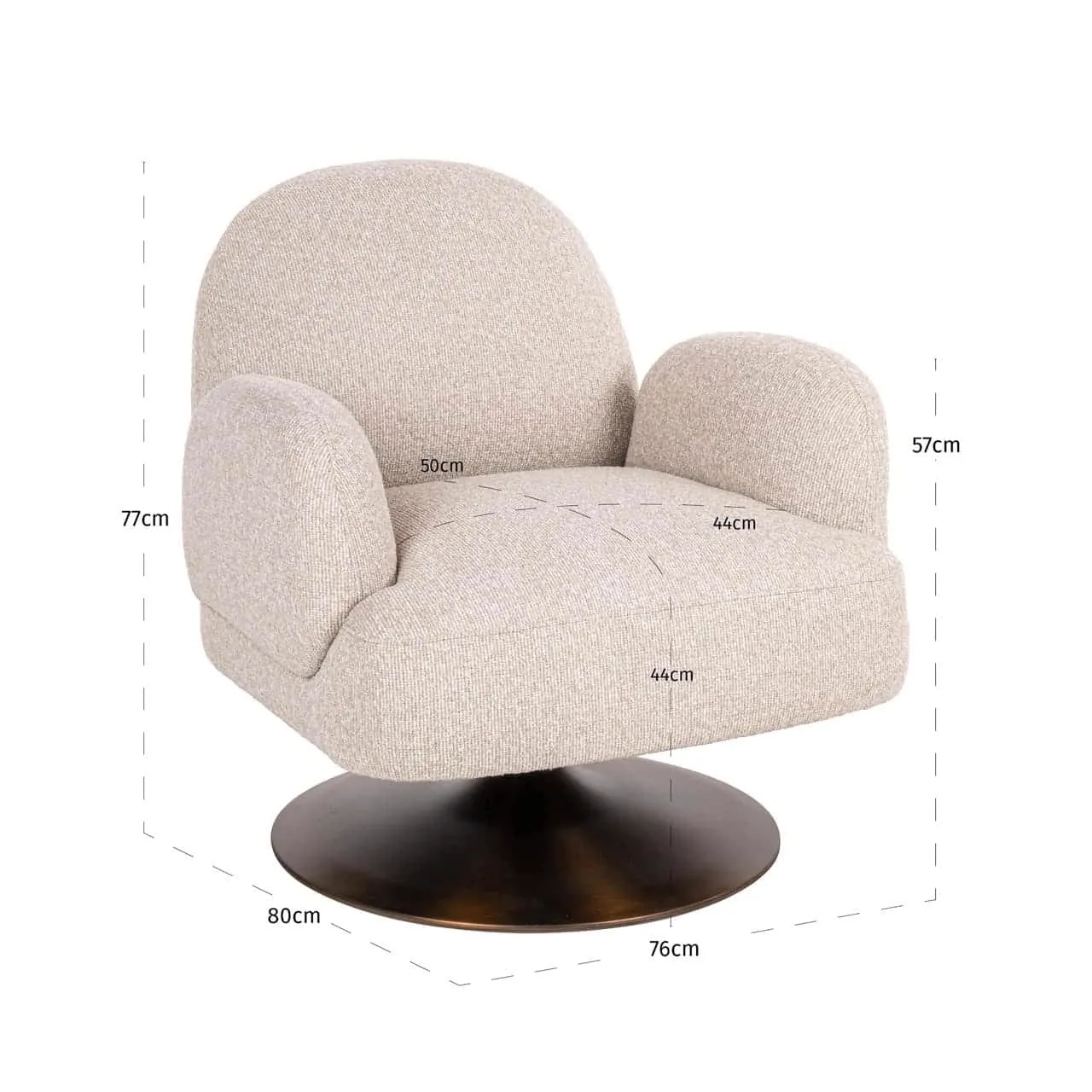 Lounge stoel Kagney biscotti swivel op een witte achtergrond, met afmetingen van 77cm hoog, 80cm breed en 76cm diep - Richmond Interiors