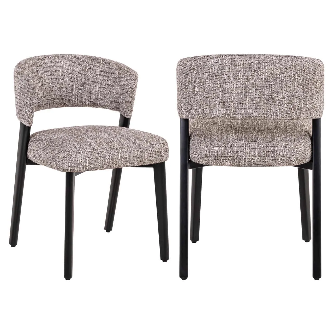 Twee eetkamerstoelen Zeno earth tweed met zwarte poten, van voren en schuin van voren gefotografeerd op een witte achtergrond - Richmond Interiors