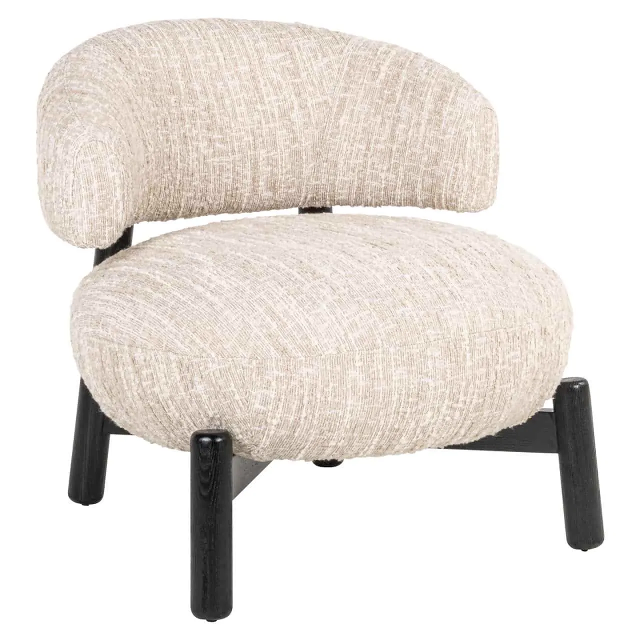 Lounge stoel Ornella beige angora met ronde zitting en rugleuning op zwarte poten, tegen een witte achtergrond - Richmond Interiors