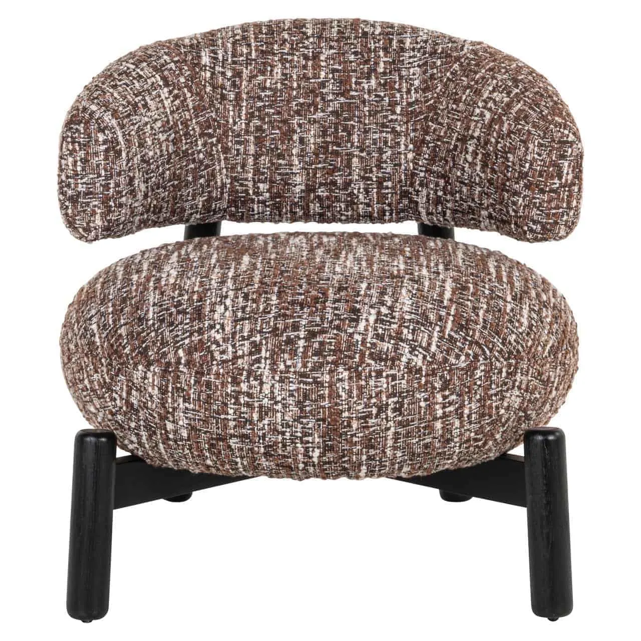 Lounge stoel Ornella hazel op een witte achtergrond, met een close-up van de bruin-witte stof - Richmond Interiors