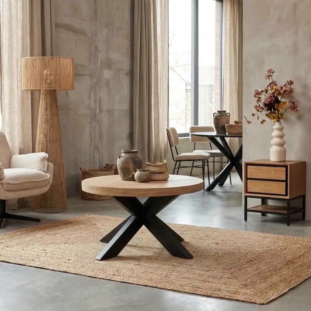 Couchtisch Dakota rund in einem stimmungsvollen Wohnzimmer mit Sessel und Teppich - Starfurn