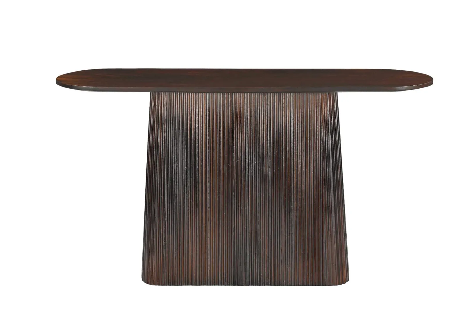 Sidetable Salvator Walnut 140cm met een ovaal blad en een geribbelde voet, gefotografeerd op een witte achtergrond - Livingfurn