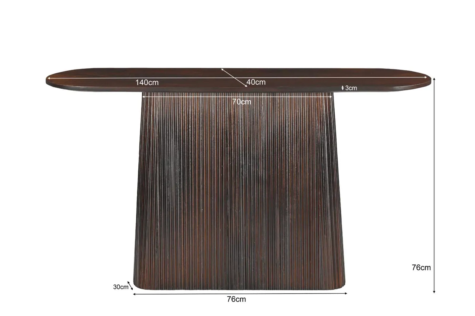Sidetable Salvator Walnut 140cm van Livingfurn, frontaal gefotografeerd op een witte achtergrond met afmetingen