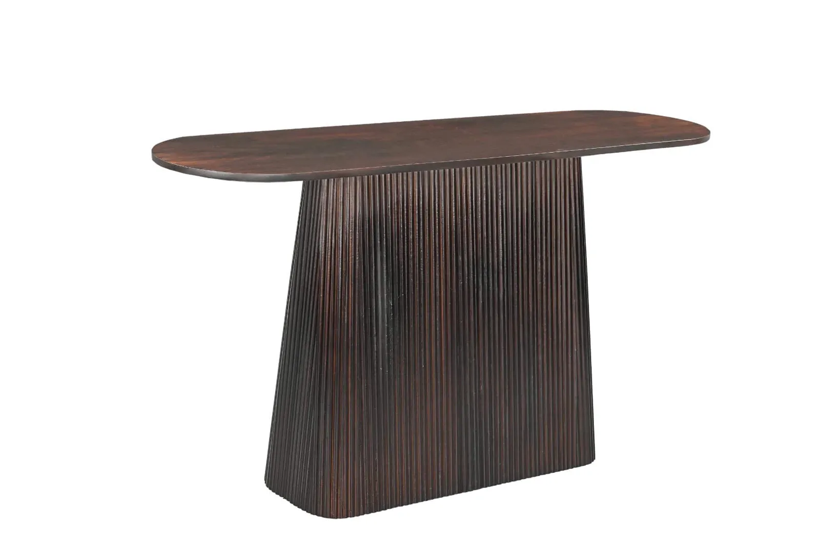 Sidetable Salvator Walnut 140cm op een witte achtergrond, met de lange, geribbelde voet en het ovale blad - Livingfurn