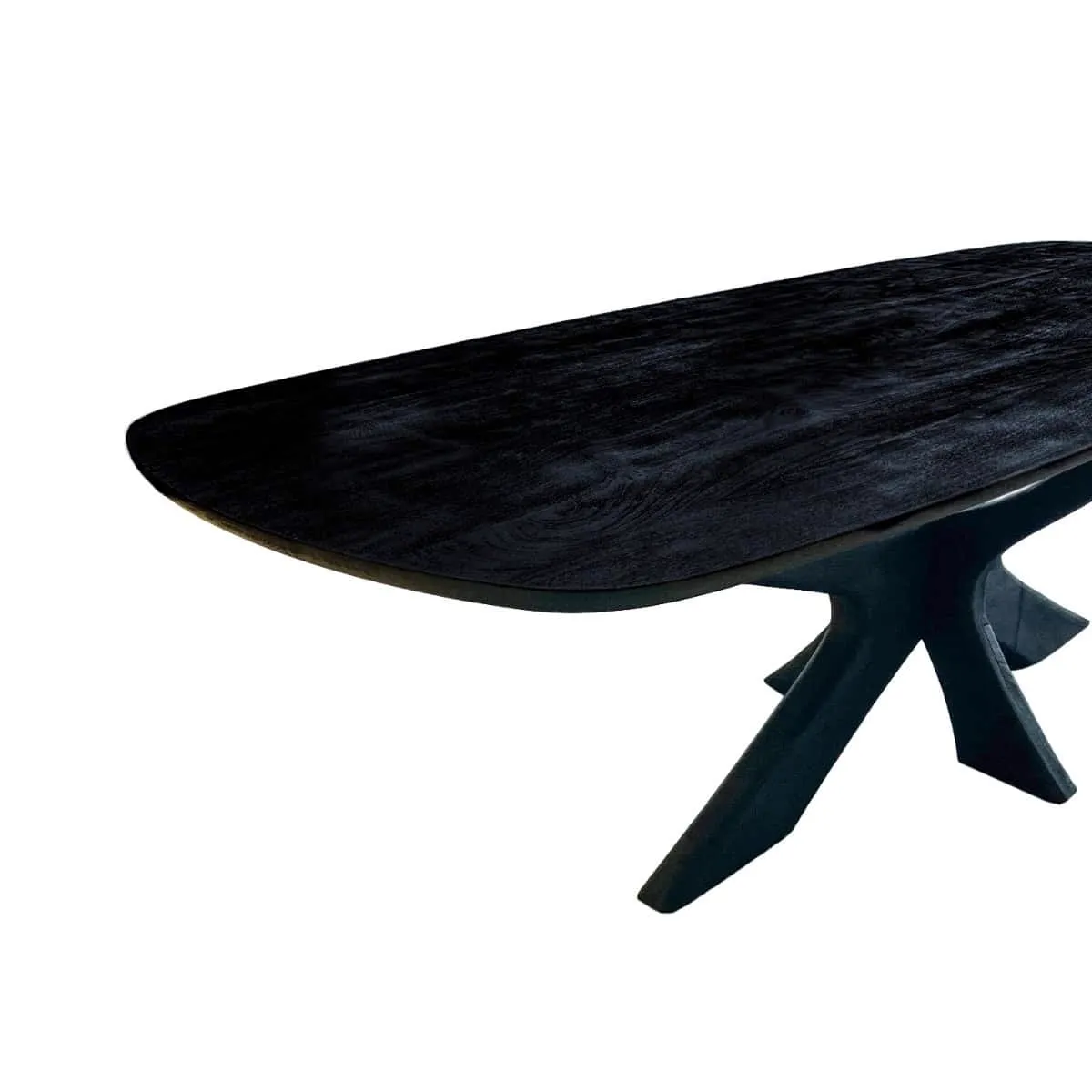 Nahaufnahme des schwarzen Esstischs Brix Montreaux Black 250cm auf weißem Hintergrund, aus niedriger Perspektive