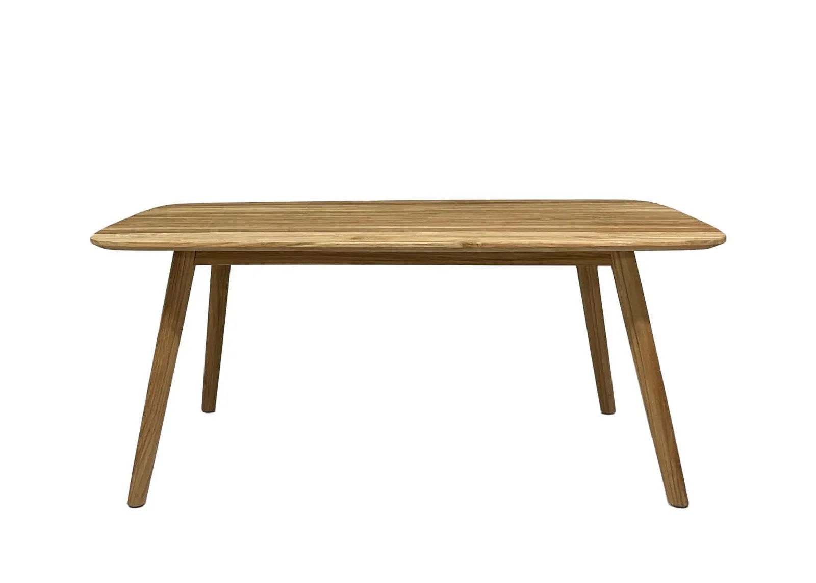 Der Lugano 180cm Outdoor-Tisch mit Holzplatte und schrägen Beinen, auf weißem Hintergrund fotografiert - Livingfurn
