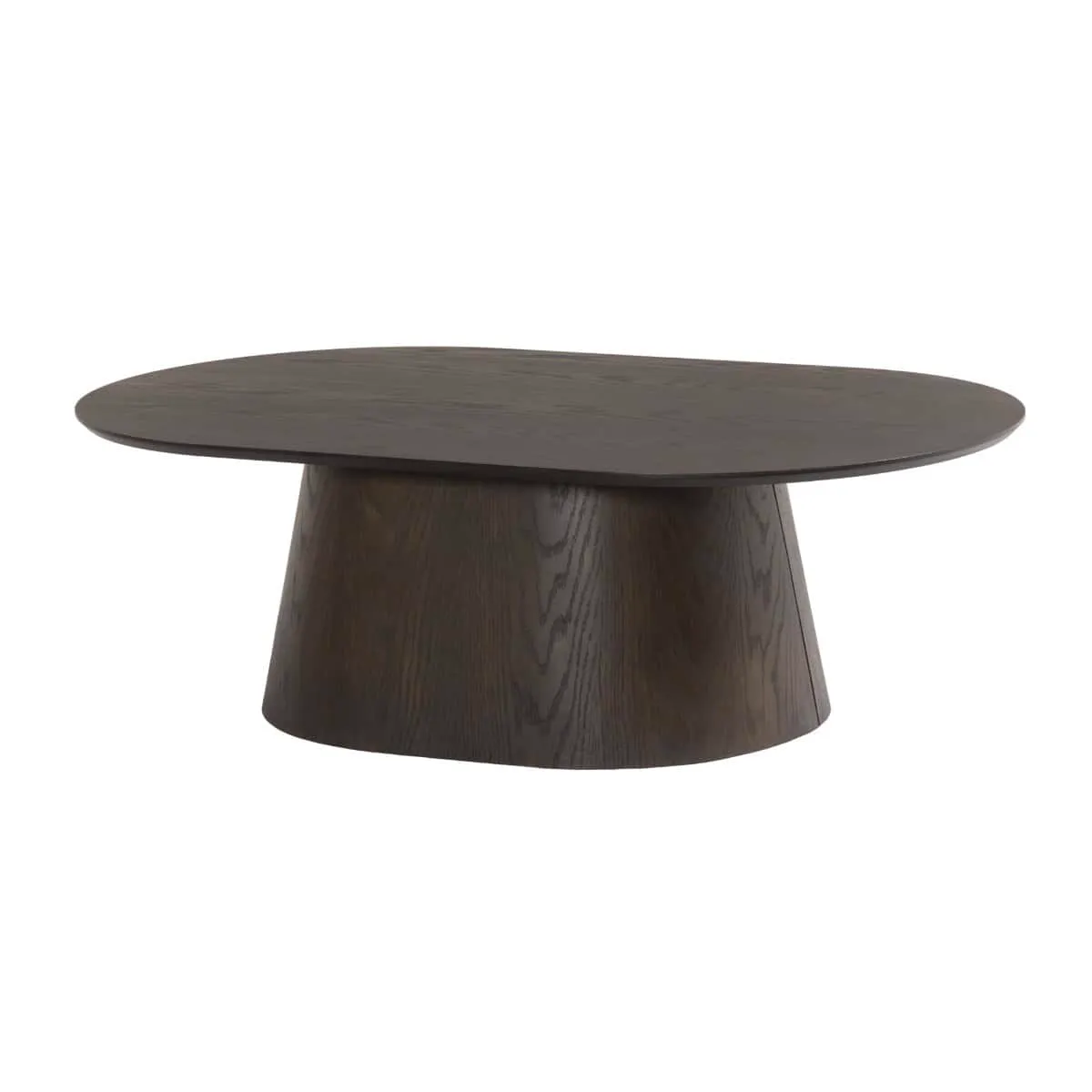 Couchtisch Novero Espresso Oval 120cm auf weißem Hintergrund, aus einer niedrigen Perspektive fotografiert - Livingfurn