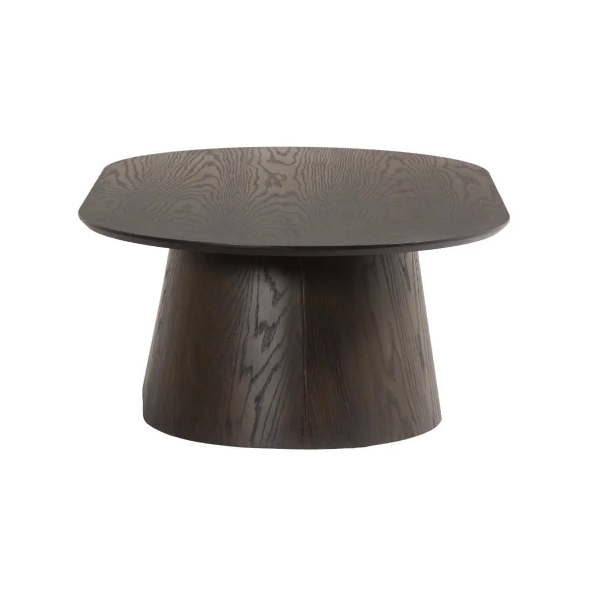 Couchtisch Novero Espresso Oval 120cm auf weißem Hintergrund, aus einem niedrigen Blickwinkel fotografiert - Livingfurn