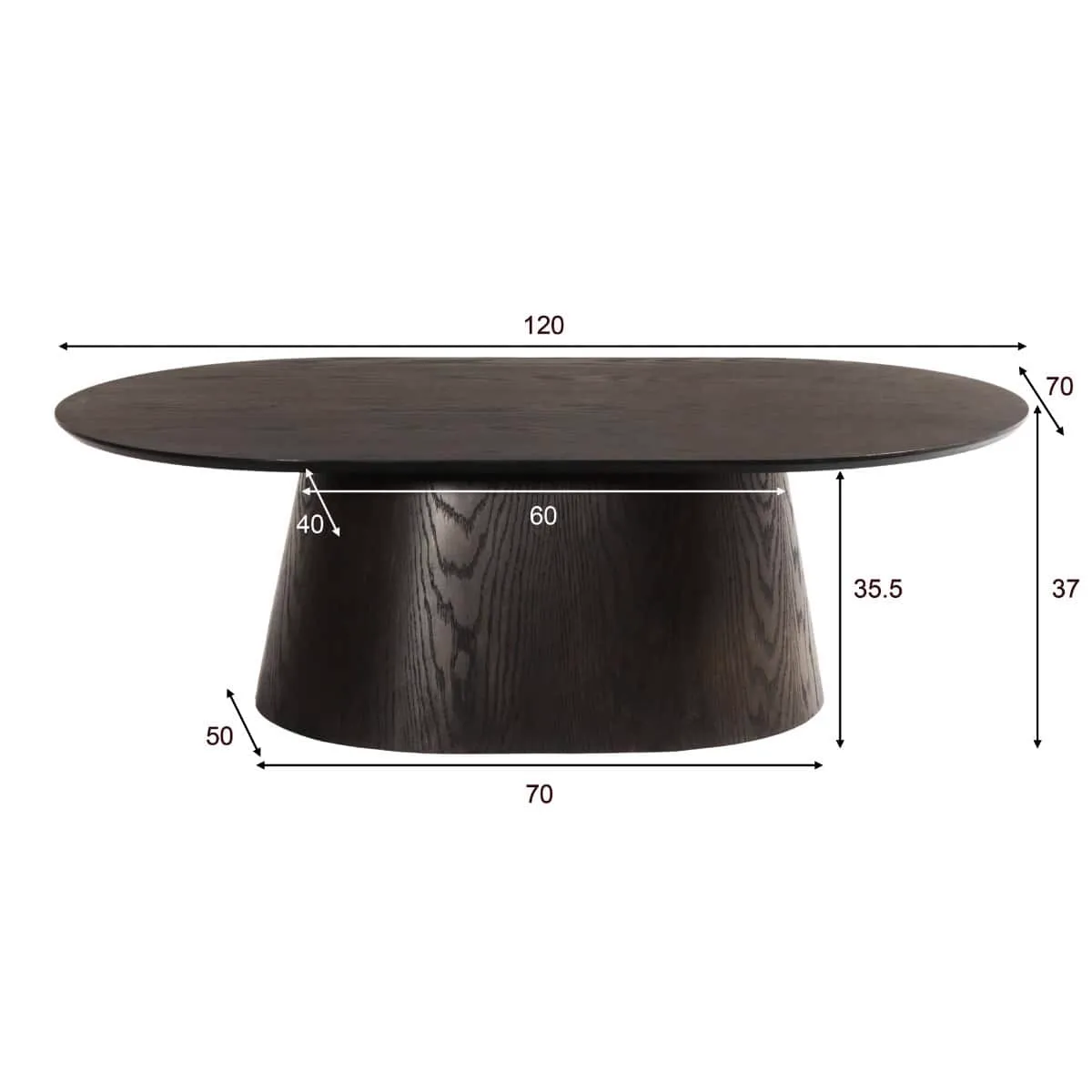 Couchtisch Novero Espresso Oval 120cm mit Maßen auf weißem Hintergrund, schräg von vorne fotografiert - Livingfurn