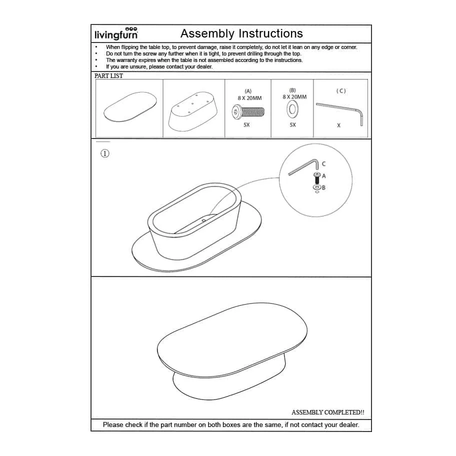 Montageanleitung für den Couchtisch Novero Espresso Oval 120cm mit detaillierter Ansicht der Teile und Montage - Livingfurn